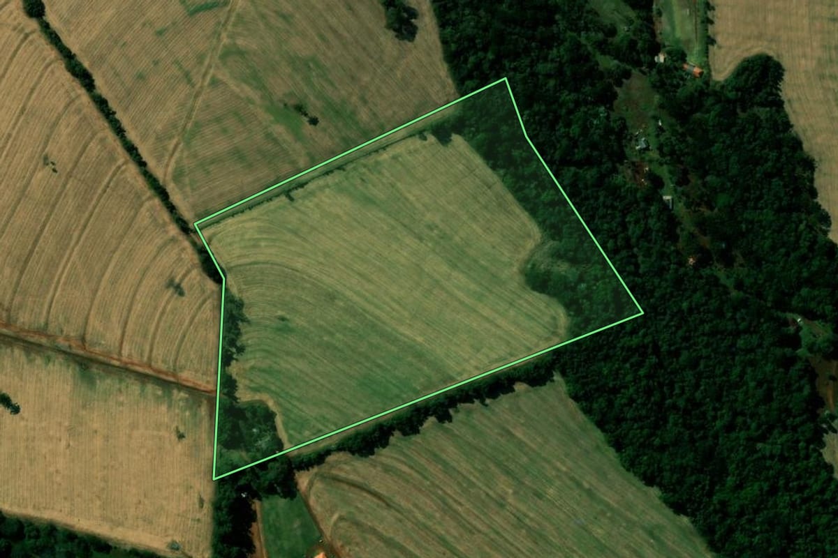 Imagem de satélite do imóvel rural em Cascavel (PR), com o contorno declarado no CAR desenhado por cima.