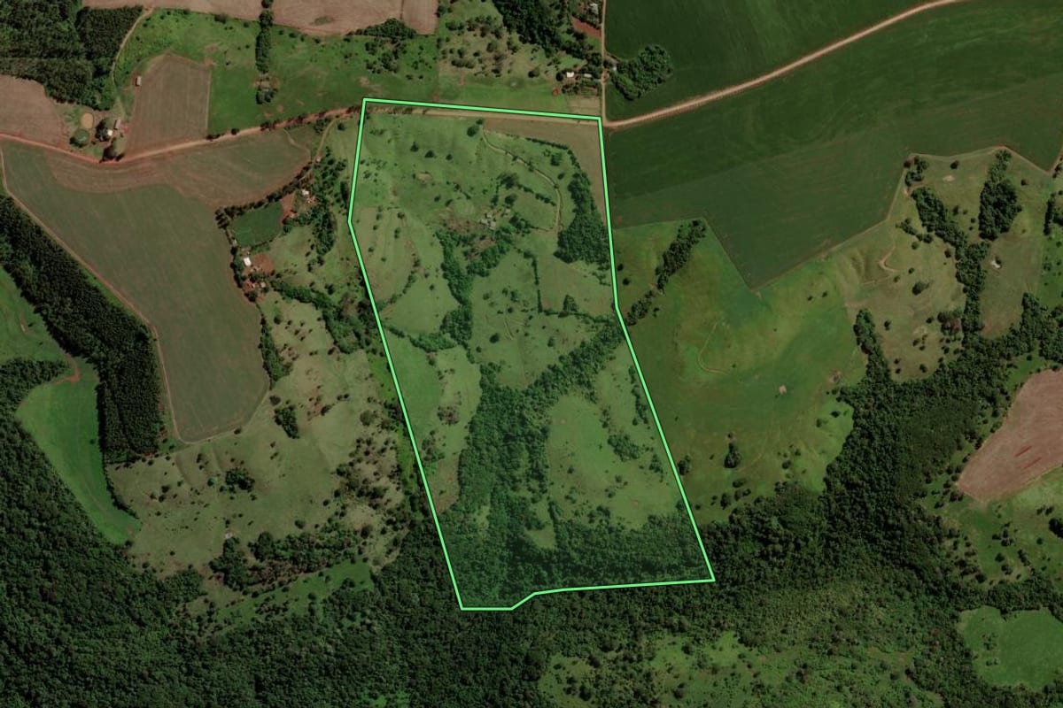 Imagem de satélite do imóvel rural em Cascavel (PR), com o contorno declarado no CAR desenhado por cima.