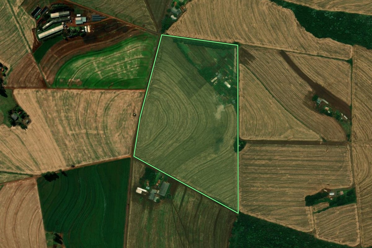 Imagem de satélite do imóvel rural em Cascavel (PR), com o contorno declarado no CAR desenhado por cima.