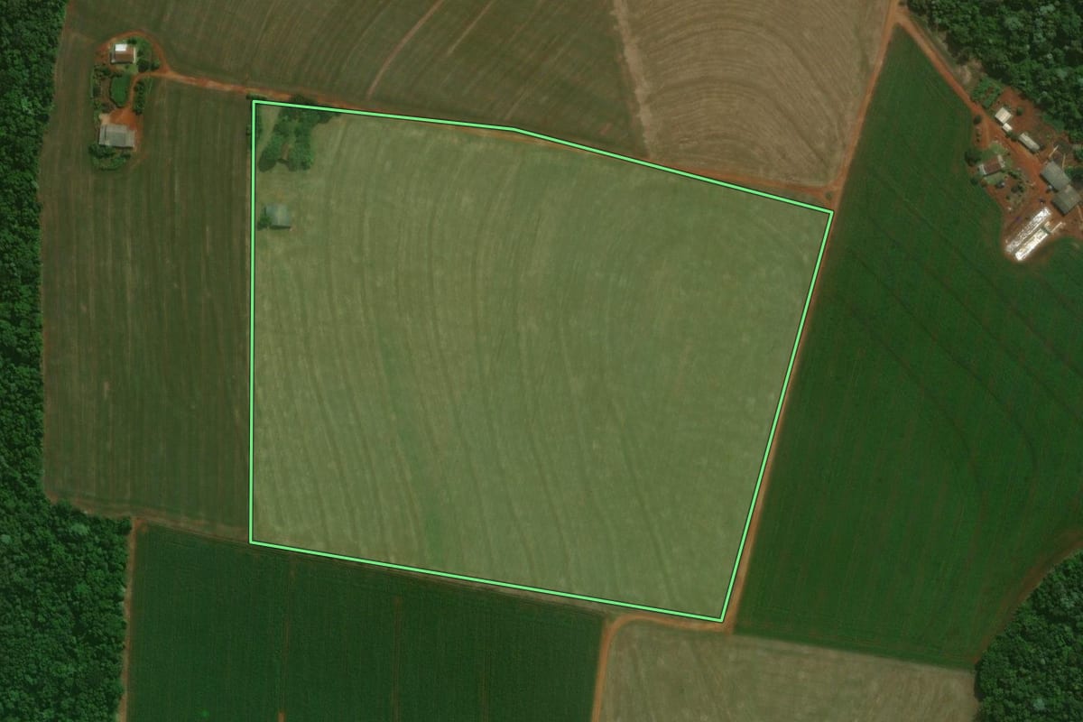 Imagem de satélite do imóvel rural em Cascavel (PR), com o contorno declarado no CAR desenhado por cima.