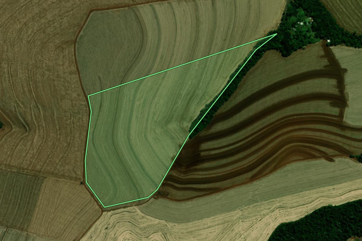 Imagem de satélite do imóvel rural em Cascavel (PR), com o contorno declarado no CAR desenhado por cima.