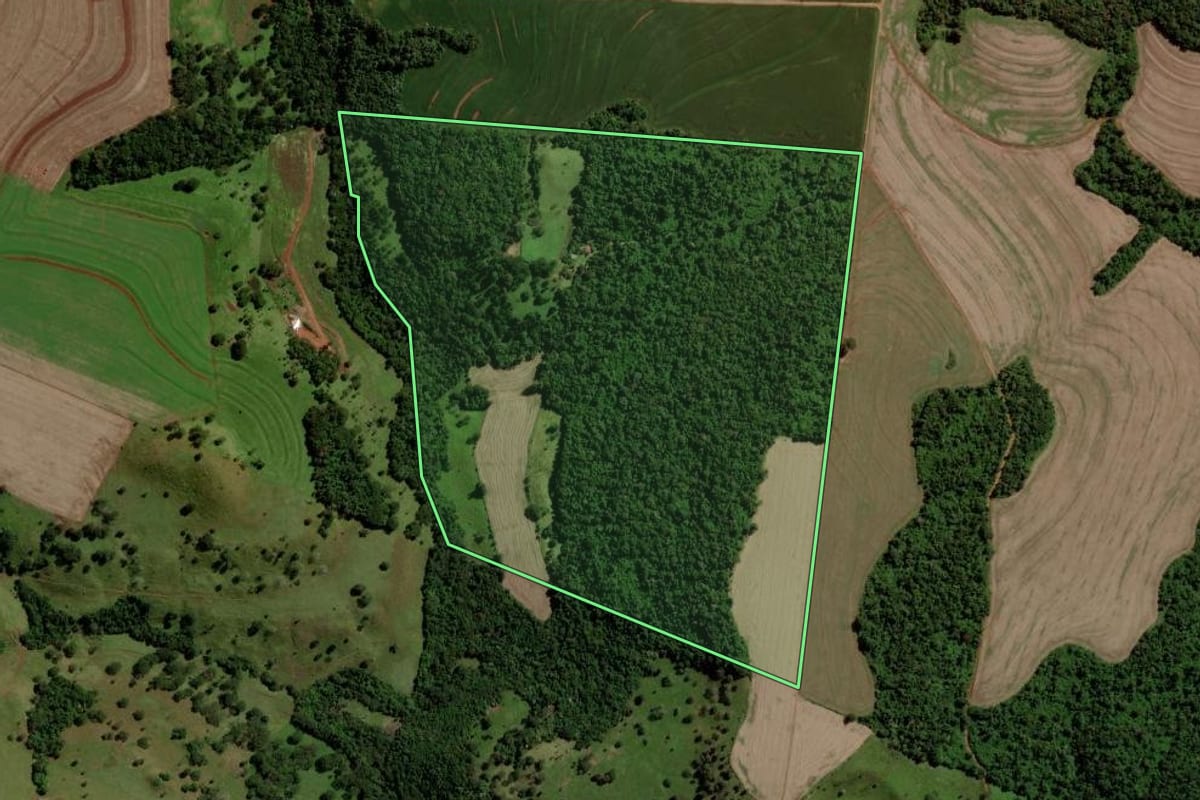 Imagem de satélite do imóvel rural em Cascavel (PR), com o contorno declarado no CAR desenhado por cima.