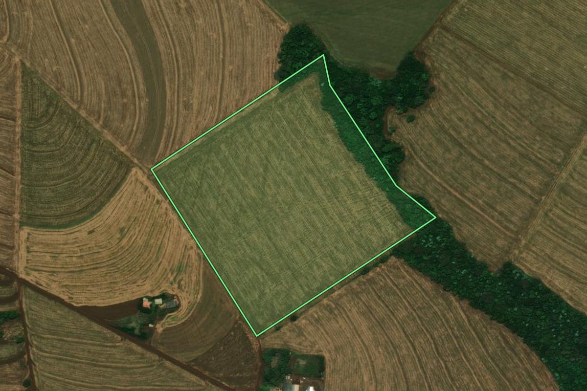 Imagem de satélite do imóvel rural em Cascavel (PR), com o contorno declarado no CAR desenhado por cima.