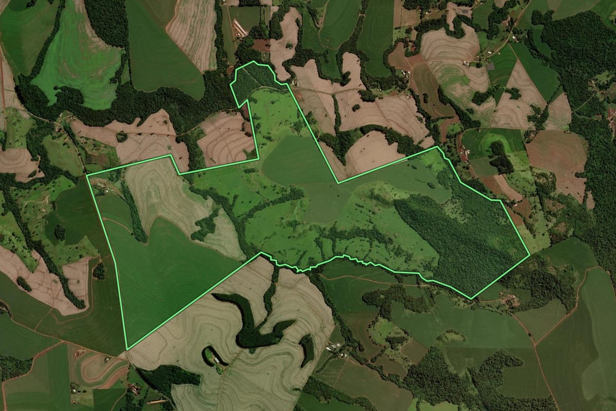 Imagem de satélite do imóvel rural em Cascavel (PR), com o contorno declarado no CAR desenhado por cima.