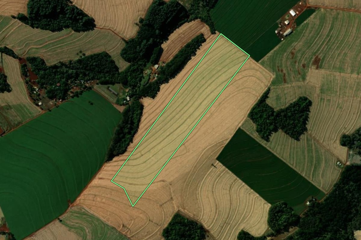 Imagem de satélite do imóvel rural em Cascavel (PR), com o contorno declarado no CAR desenhado por cima.