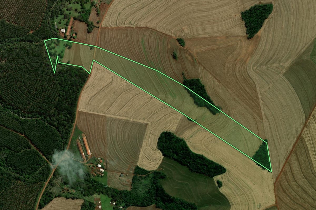 Imagem de satélite do imóvel rural em Cascavel (PR), com o contorno declarado no CAR desenhado por cima.