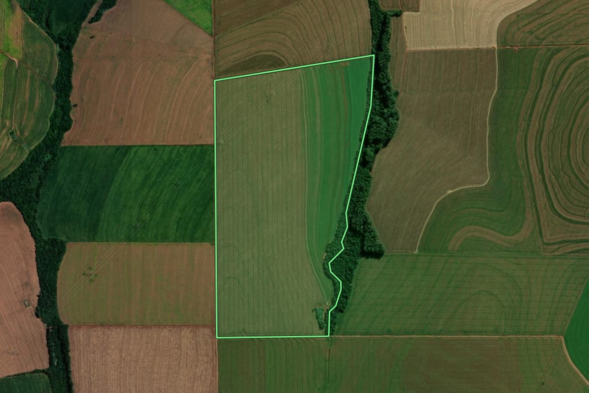 Imagem de satélite do imóvel rural em Cascavel (PR), com o contorno declarado no CAR desenhado por cima.