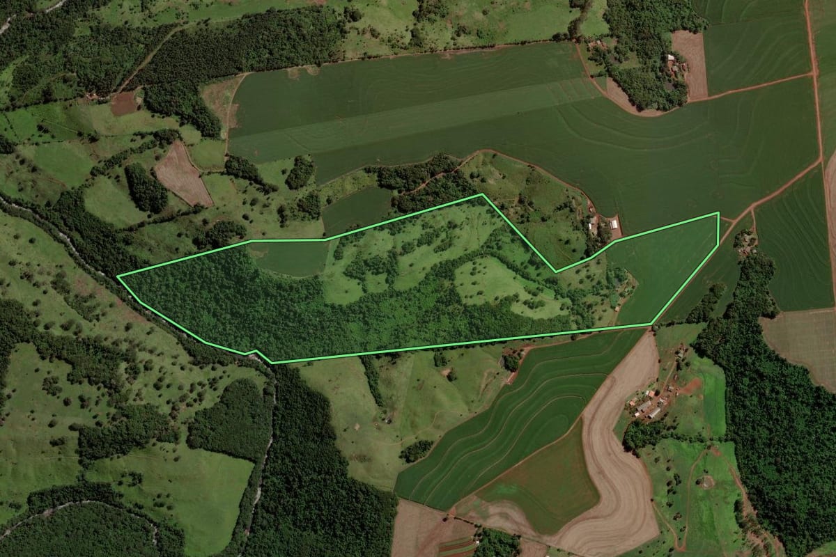 Imagem de satélite do imóvel rural em Cascavel (PR), com o contorno declarado no CAR desenhado por cima.