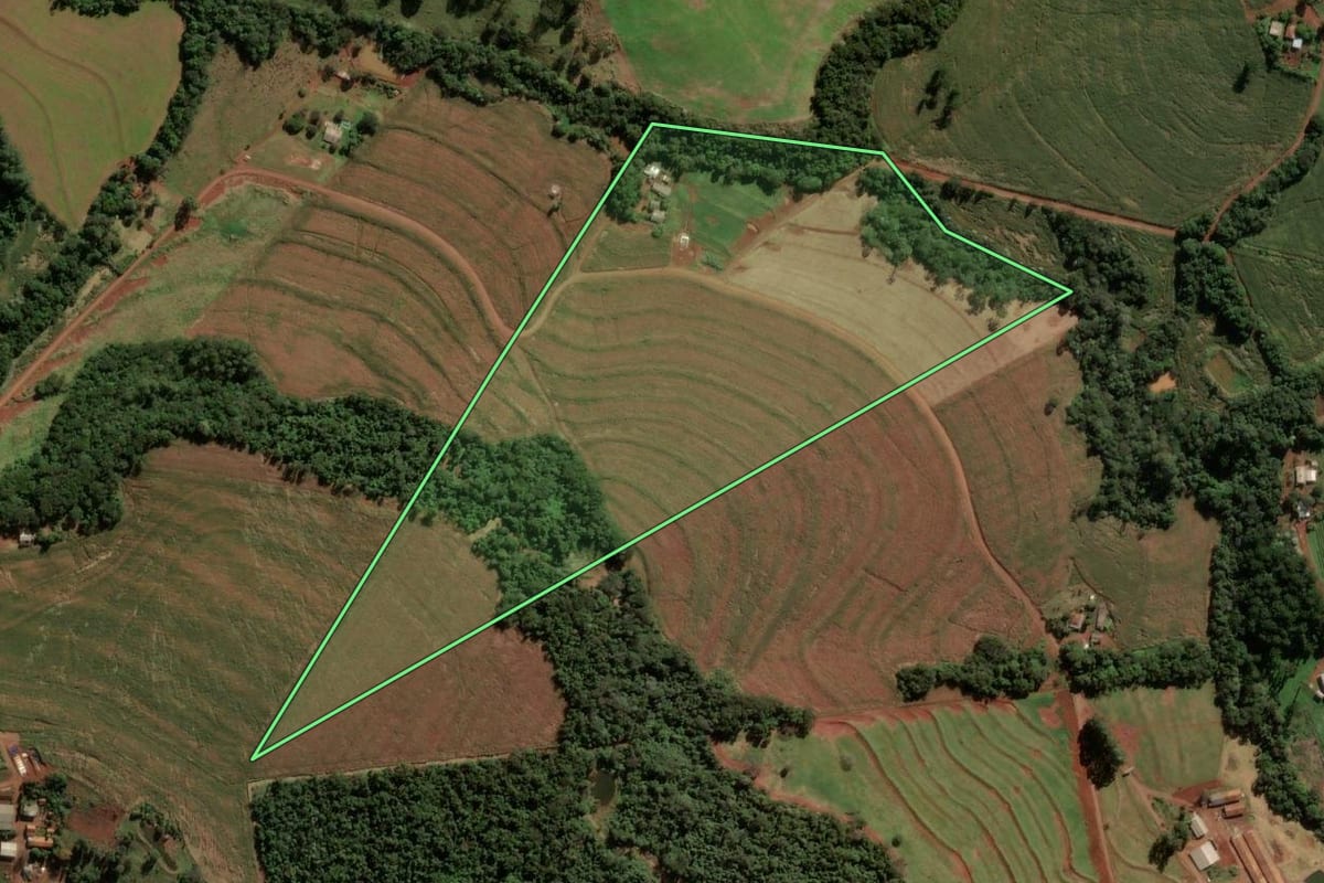 Imagem de satélite do imóvel rural em Cascavel (PR), com o contorno declarado no CAR desenhado por cima.
