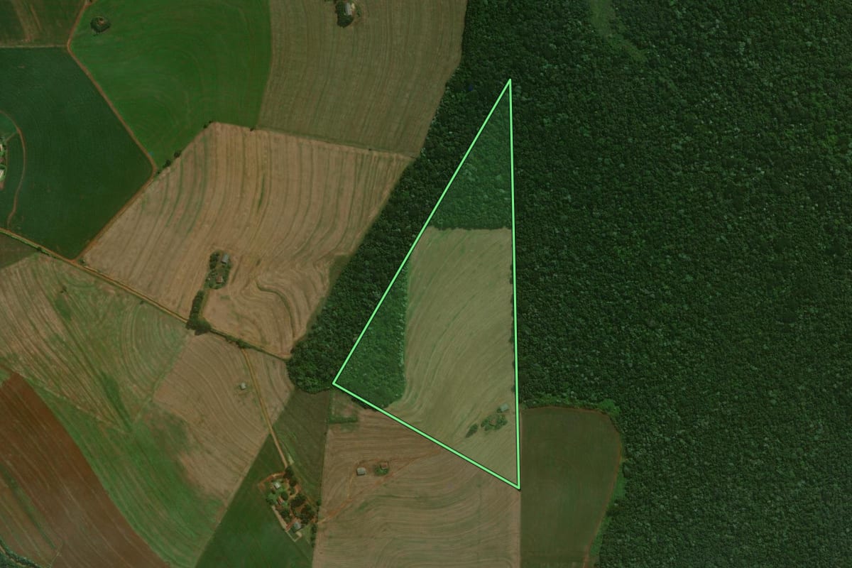 Imagem de satélite do imóvel rural em Cascavel (PR), com o contorno declarado no CAR desenhado por cima.