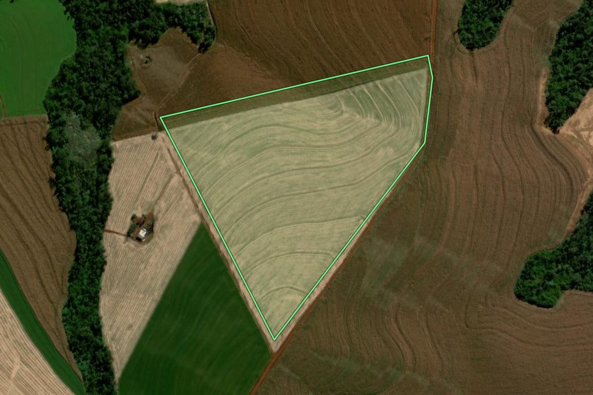 Imagem de satélite do imóvel rural em Cascavel (PR), com o contorno declarado no CAR desenhado por cima.