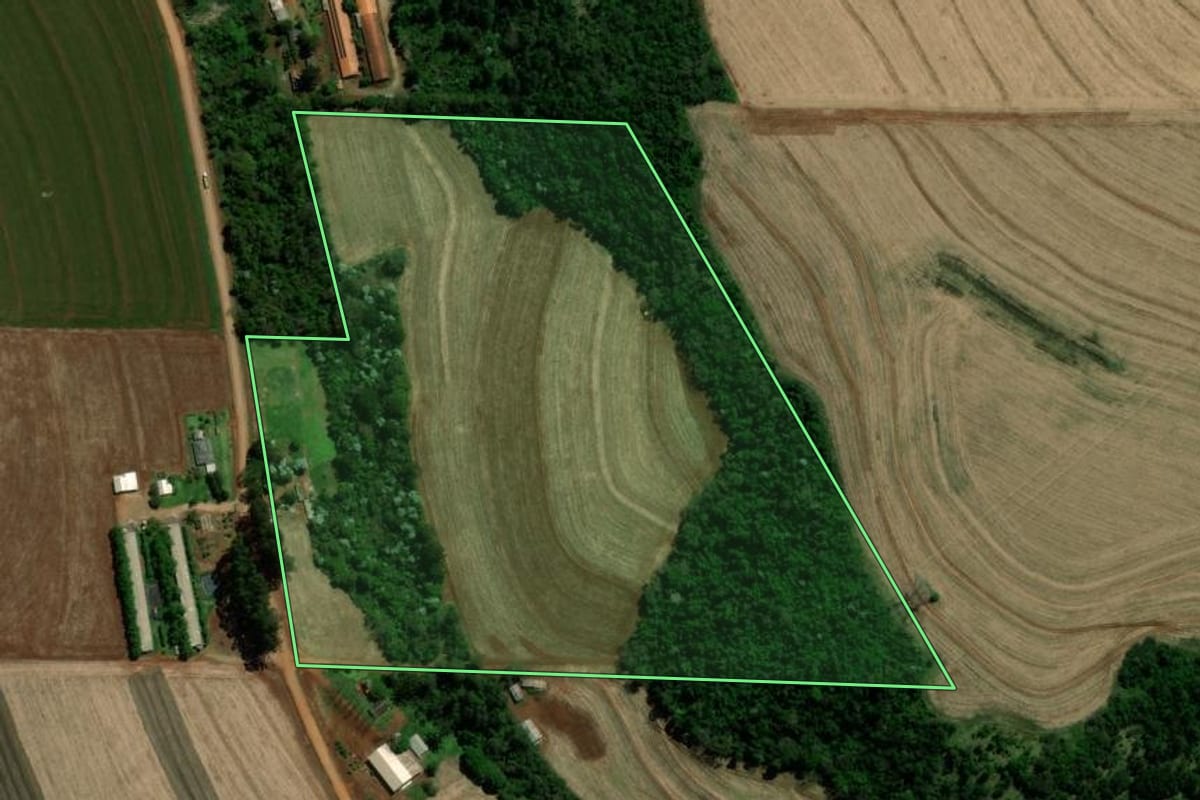 Imagem de satélite do imóvel rural em Cascavel (PR), com o contorno declarado no CAR desenhado por cima.