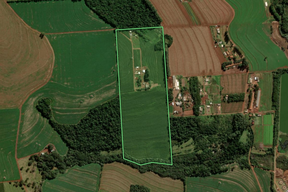 Imagem de satélite do imóvel rural em Cascavel (PR), com o contorno declarado no CAR desenhado por cima.