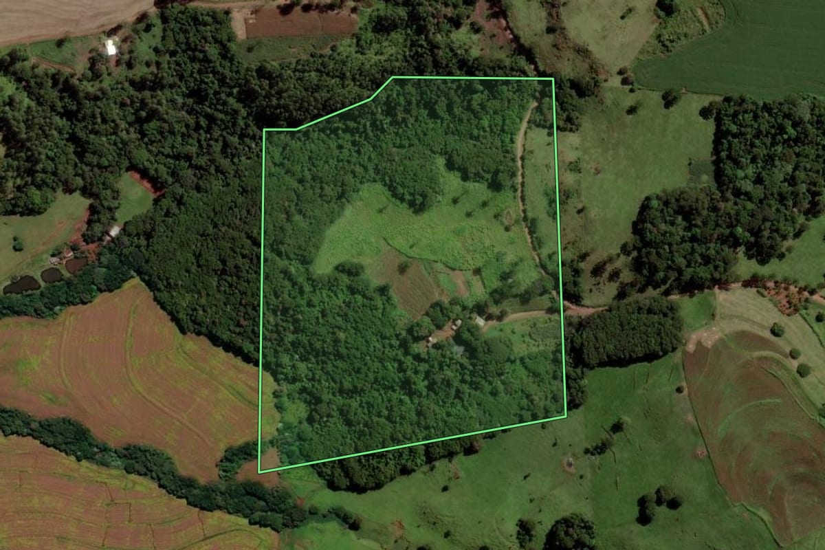 Imagem de satélite do imóvel rural em Cascavel (PR), com o contorno declarado no CAR desenhado por cima.