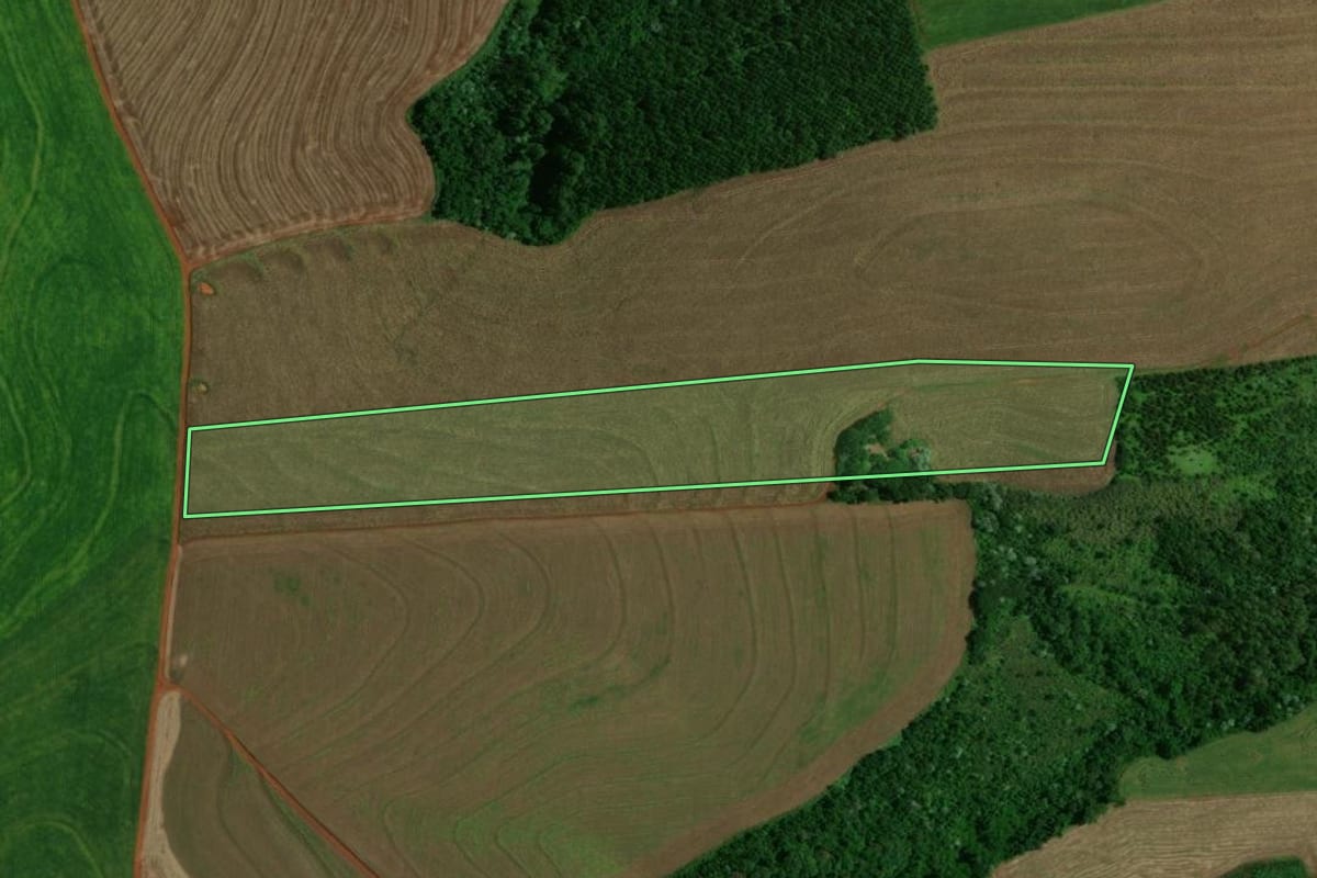 Imagem de satélite do imóvel rural em Cascavel (PR), com o contorno declarado no CAR desenhado por cima.