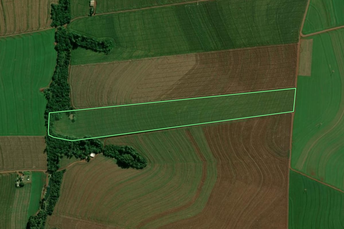 Imagem de satélite do imóvel rural em Cascavel (PR), com o contorno declarado no CAR desenhado por cima.