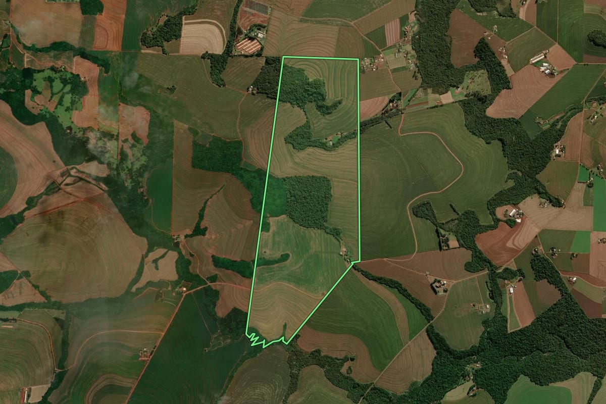 Imagem de satélite do imóvel rural em Cascavel (PR), com o contorno declarado no CAR desenhado por cima.