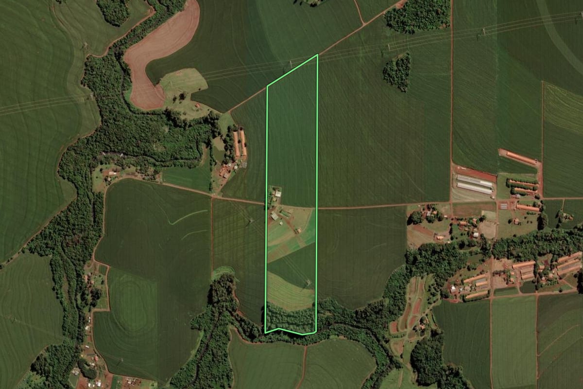 Imagem de satélite do imóvel rural em Cascavel (PR), com o contorno declarado no CAR desenhado por cima.