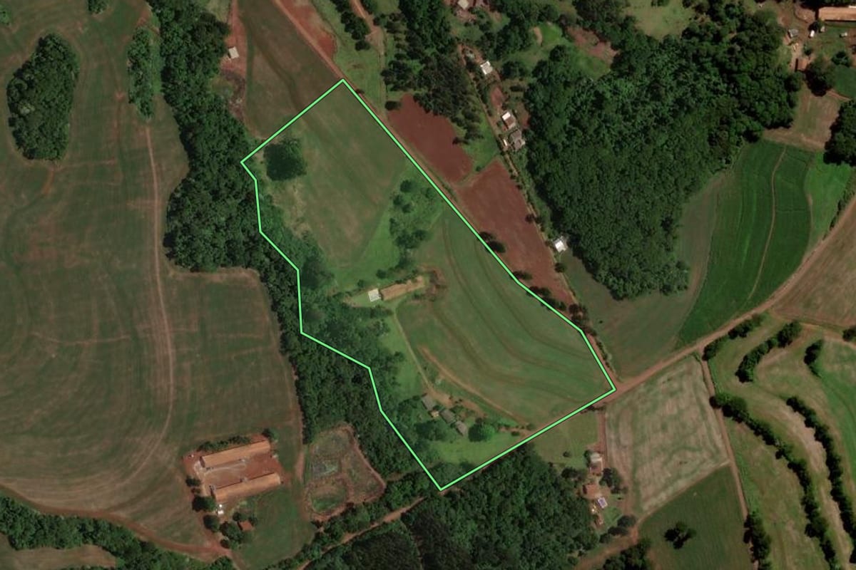 Imagem de satélite do imóvel rural em Cascavel (PR), com o contorno declarado no CAR desenhado por cima.
