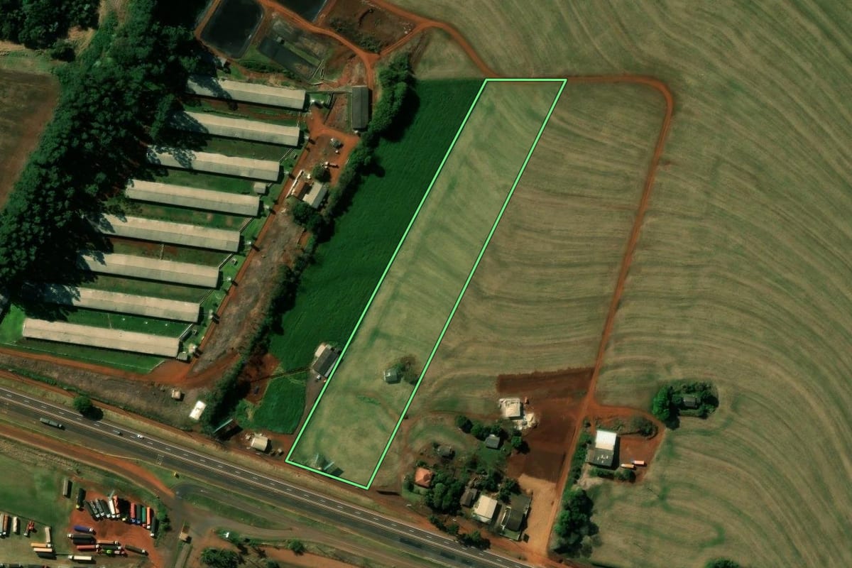 Imagem de satélite do imóvel rural em Cascavel (PR), com o contorno declarado no CAR desenhado por cima.