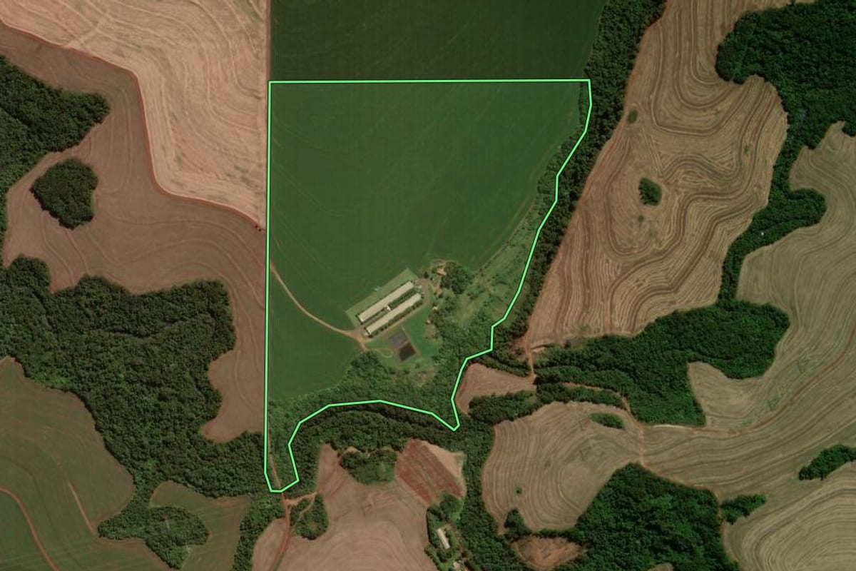 Imagem de satélite do imóvel rural em Cascavel (PR), com o contorno declarado no CAR desenhado por cima.