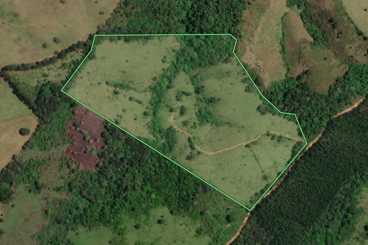 Imagem de satélite do imóvel rural em Castro (PR), com o contorno declarado no CAR desenhado por cima.