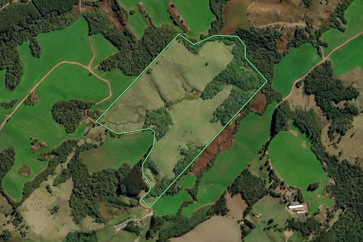 Imagem de satélite do imóvel rural em Castro (PR), com o contorno declarado no CAR desenhado por cima.