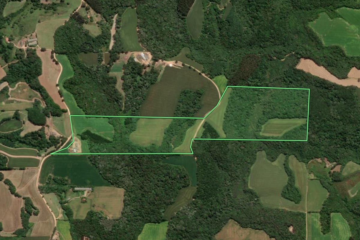 Imagem de satélite do imóvel rural em Castro (PR), com o contorno declarado no CAR desenhado por cima.