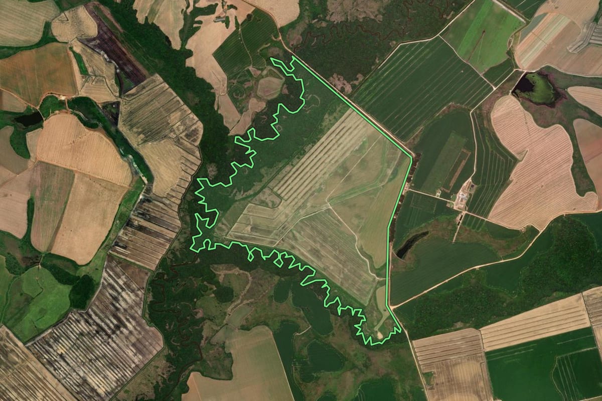 Imagem de satélite do imóvel rural em Castro (PR), com o contorno declarado no CAR desenhado por cima.