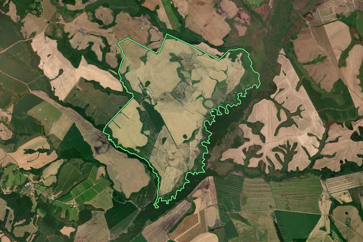 Imagem de satélite do imóvel rural em Castro (PR), com o contorno declarado no CAR desenhado por cima.