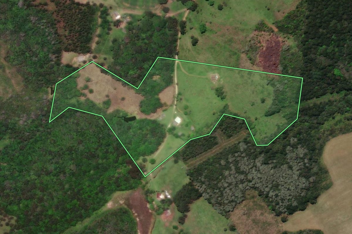 Imagem de satélite do imóvel rural em Castro (PR), com o contorno declarado no CAR desenhado por cima.