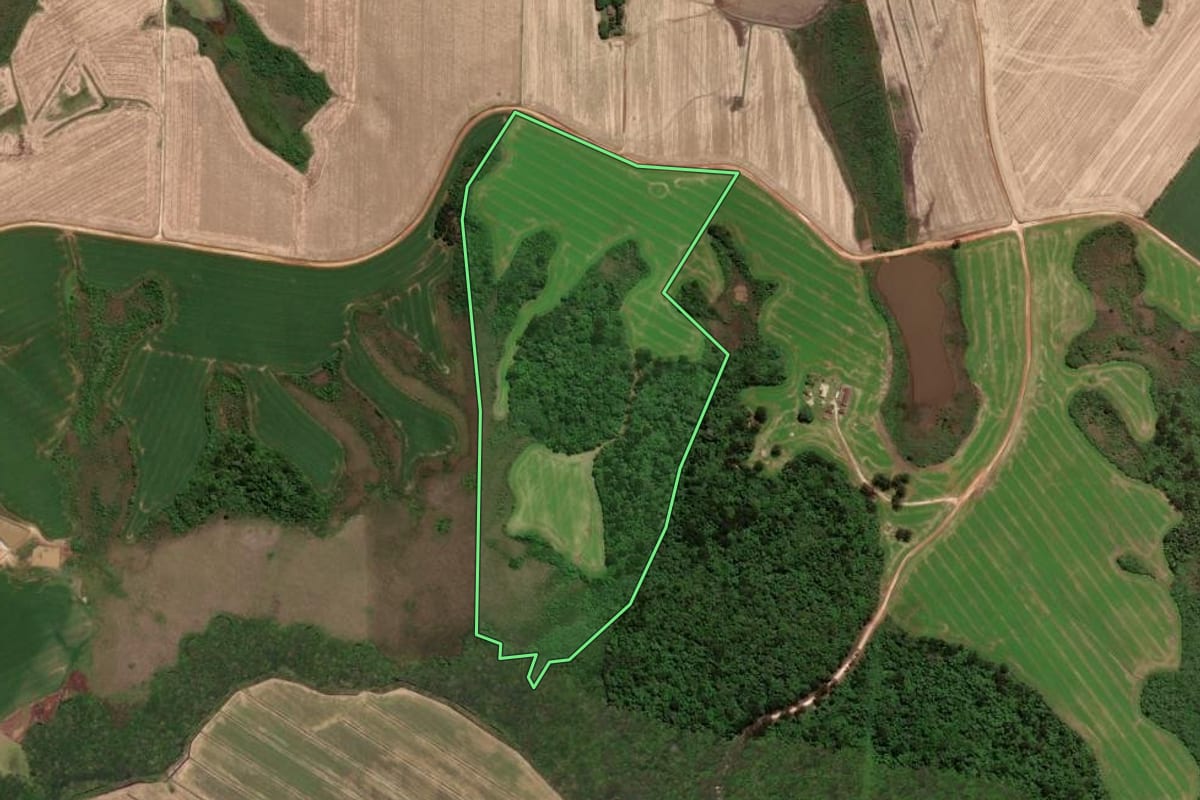 Imagem de satélite do imóvel rural em Castro (PR), com o contorno declarado no CAR desenhado por cima.