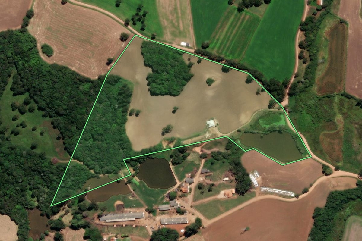 Imagem de satélite do imóvel rural em Castro (PR), com o contorno declarado no CAR desenhado por cima.