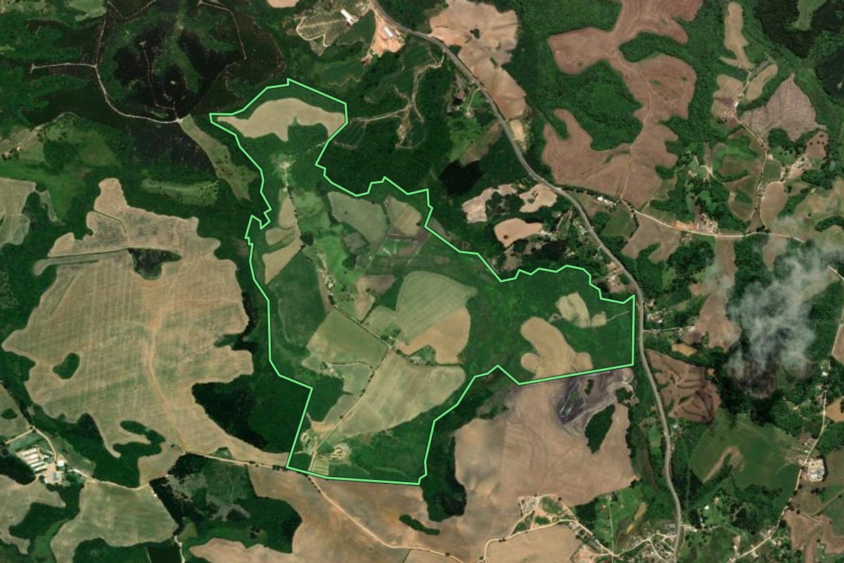 Imagem de satélite do imóvel rural em Castro (PR), com o contorno declarado no CAR desenhado por cima.