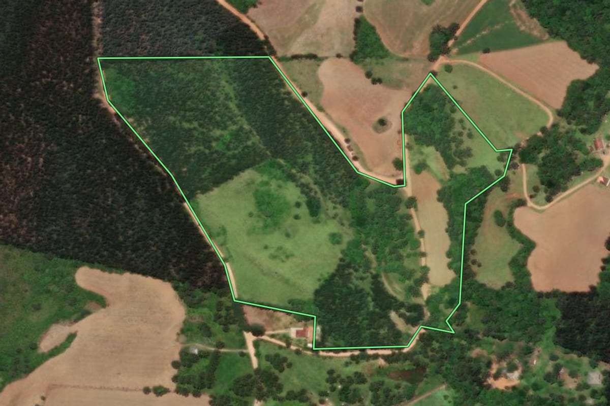 Imagem de satélite do imóvel rural em Castro (PR), com o contorno declarado no CAR desenhado por cima.