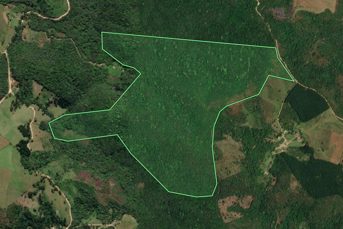Imagem de satélite do imóvel rural em Castro (PR), com o contorno declarado no CAR desenhado por cima.