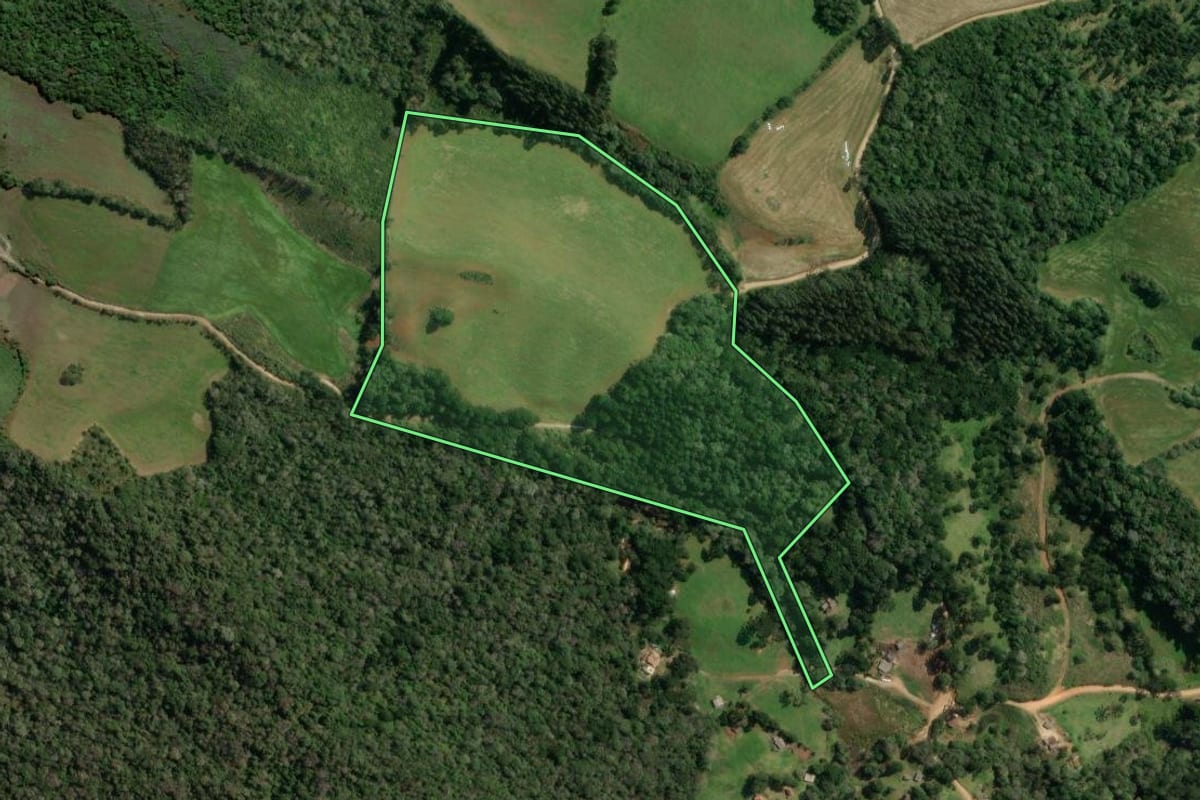 Imagem de satélite do imóvel rural em Castro (PR), com o contorno declarado no CAR desenhado por cima.