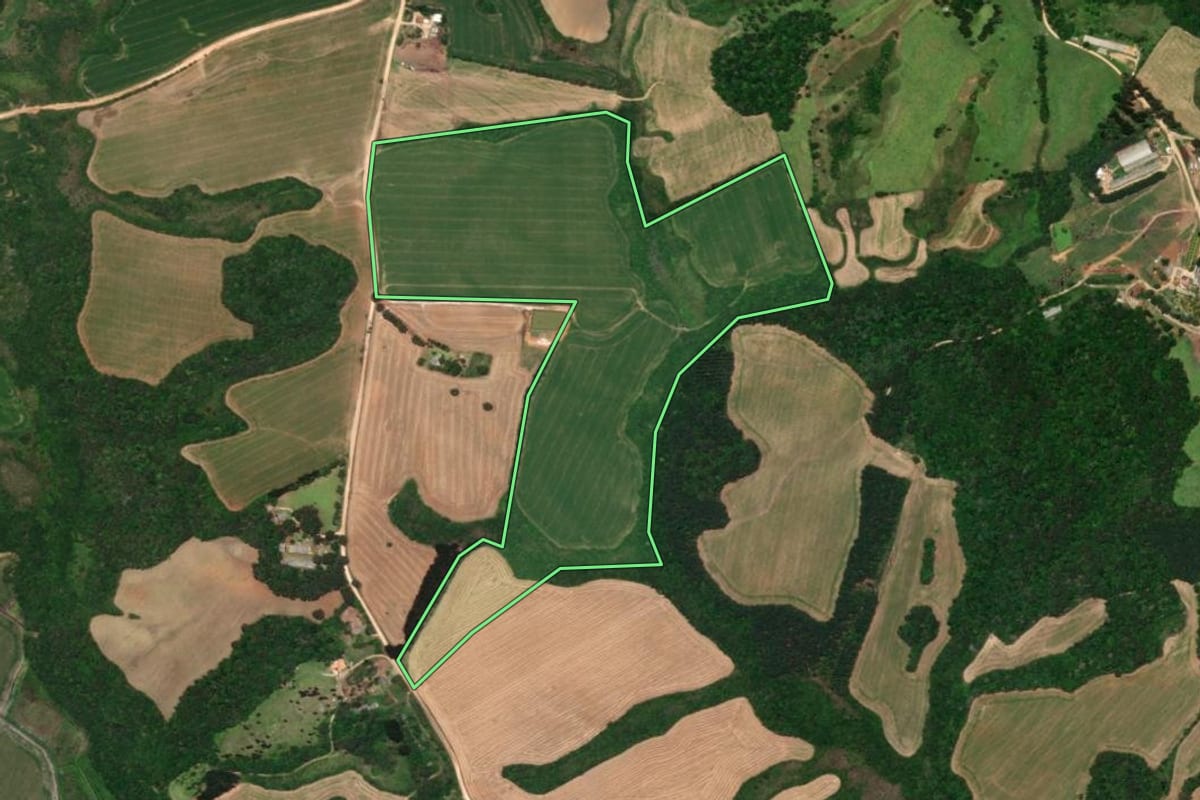 Imagem de satélite do imóvel rural em Castro (PR), com o contorno declarado no CAR desenhado por cima.