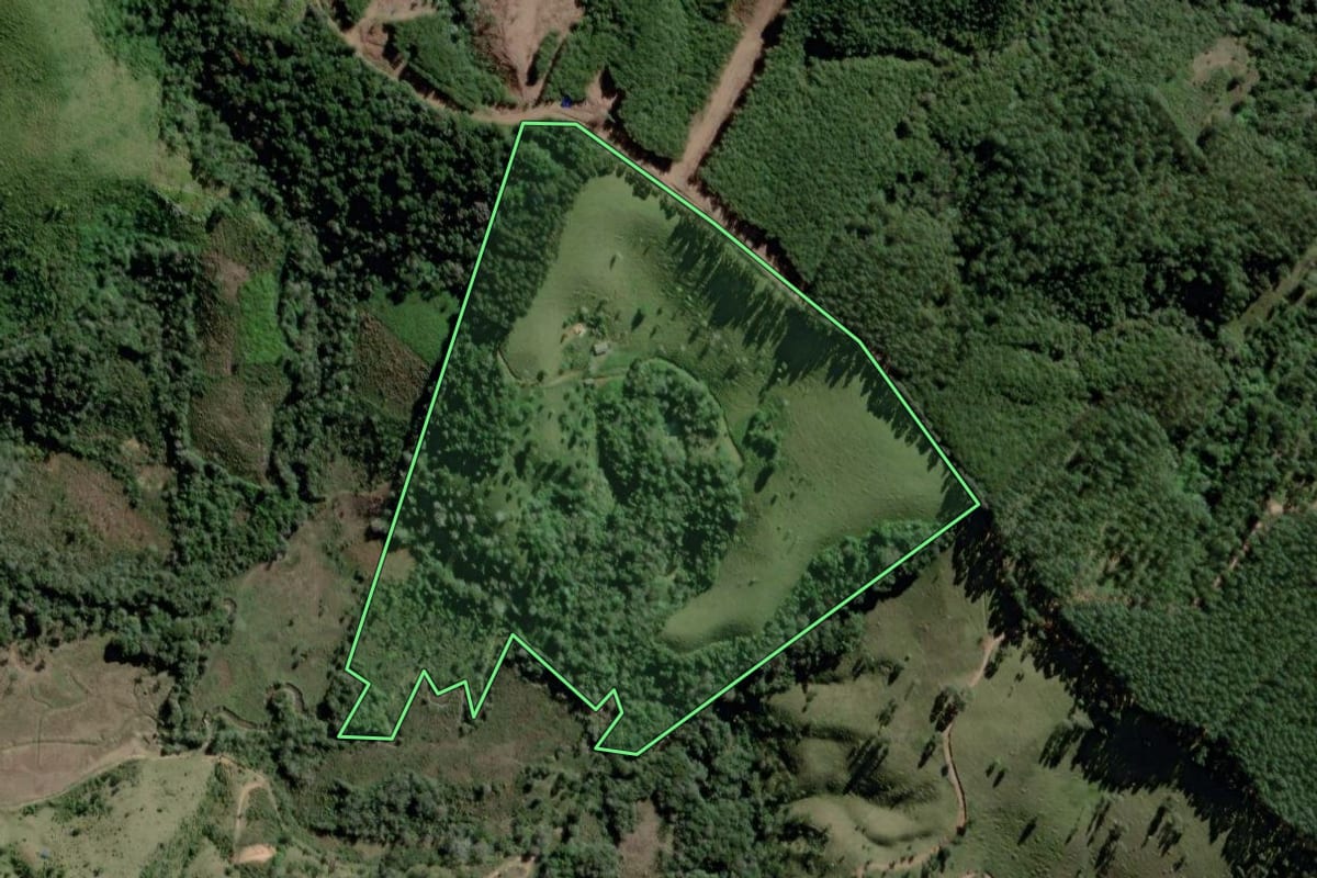 Imagem de satélite do imóvel rural em Castro (PR), com o contorno declarado no CAR desenhado por cima.