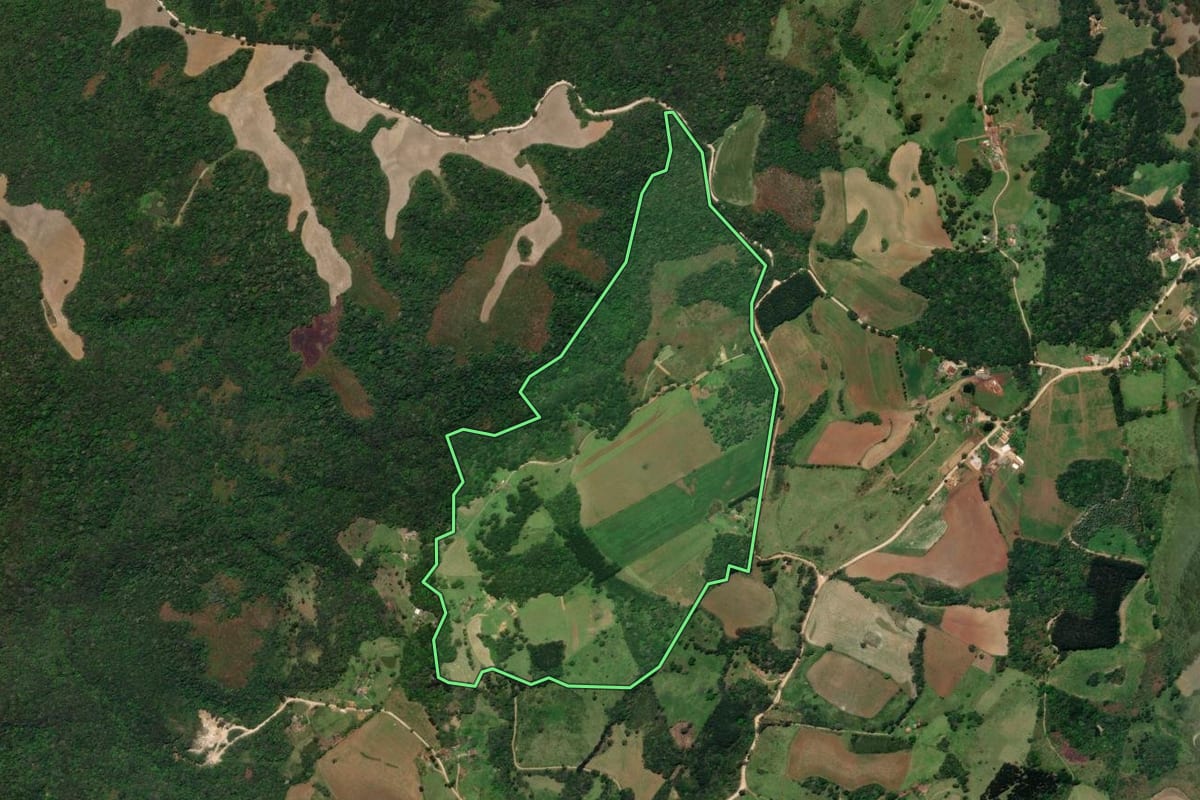 Imagem de satélite do imóvel rural em Castro (PR), com o contorno declarado no CAR desenhado por cima.