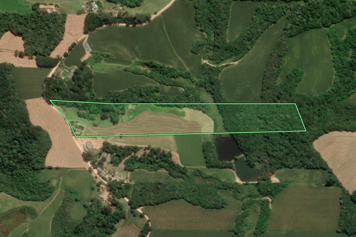 Imagem de satélite do imóvel rural em Castro (PR), com o contorno declarado no CAR desenhado por cima.