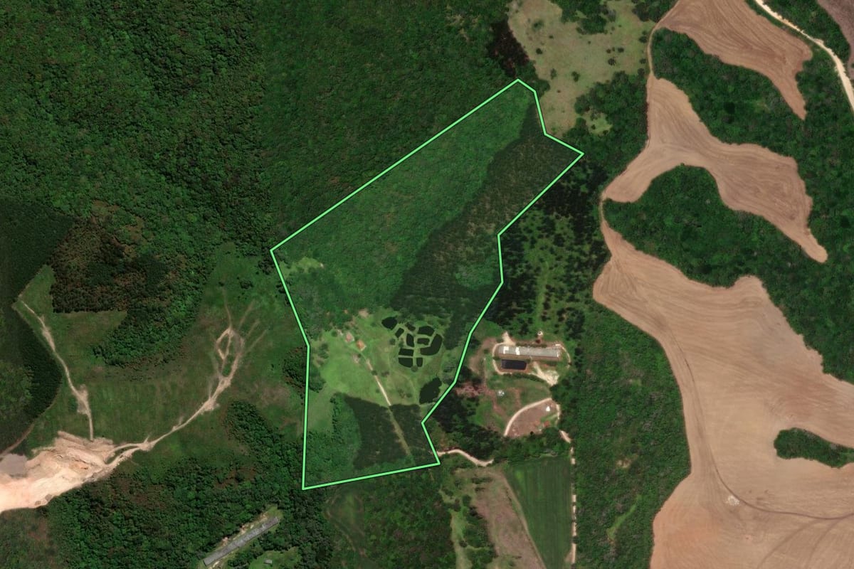 Imagem de satélite do imóvel rural em Castro (PR), com o contorno declarado no CAR desenhado por cima.
