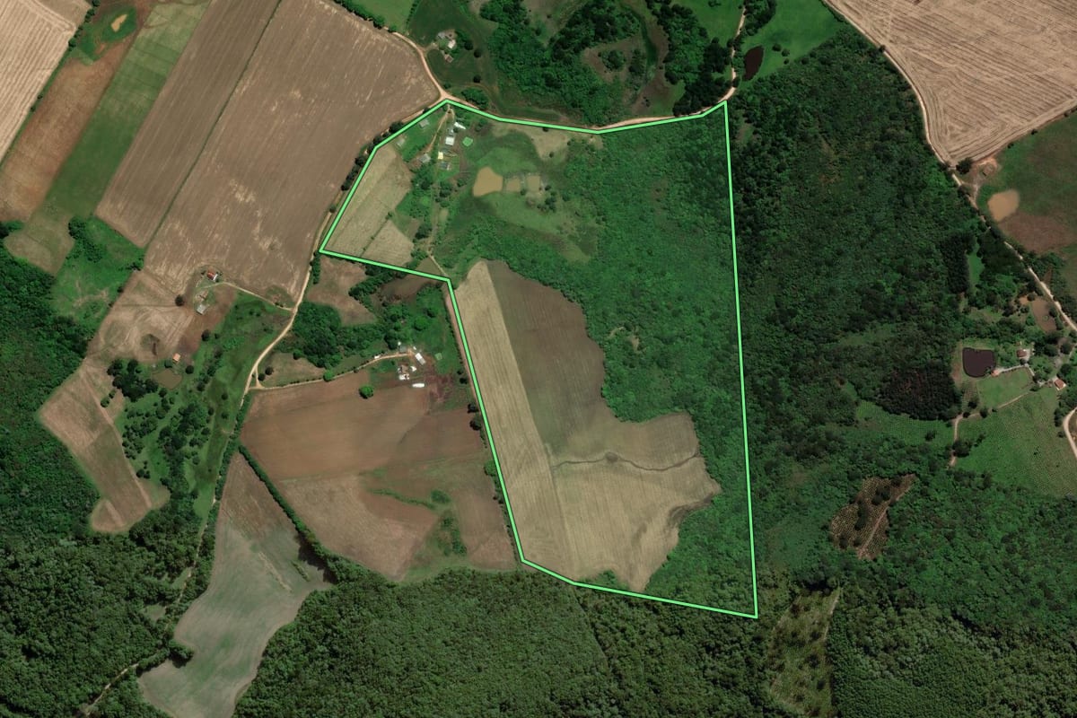 Imagem de satélite do imóvel rural em Castro (PR), com o contorno declarado no CAR desenhado por cima.
