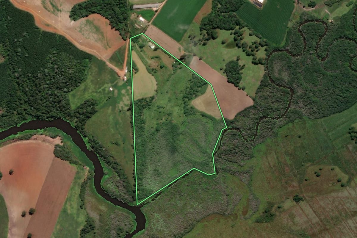 Imagem de satélite do imóvel rural em Castro (PR), com o contorno declarado no CAR desenhado por cima.