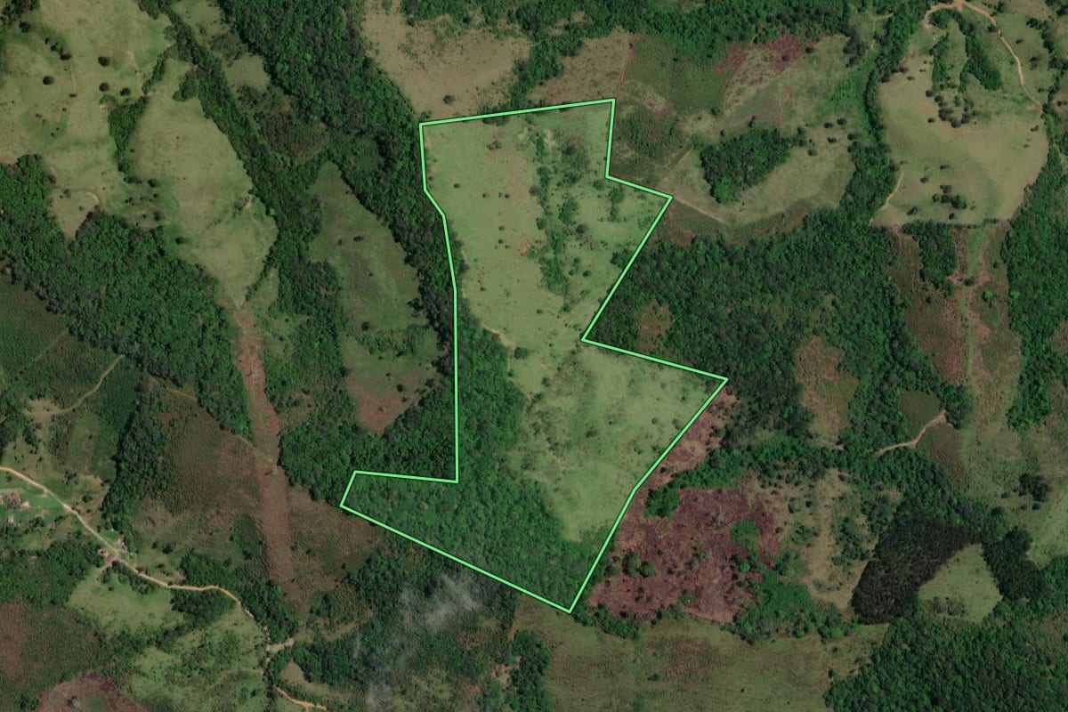 Imagem de satélite do imóvel rural em Castro (PR), com o contorno declarado no CAR desenhado por cima.