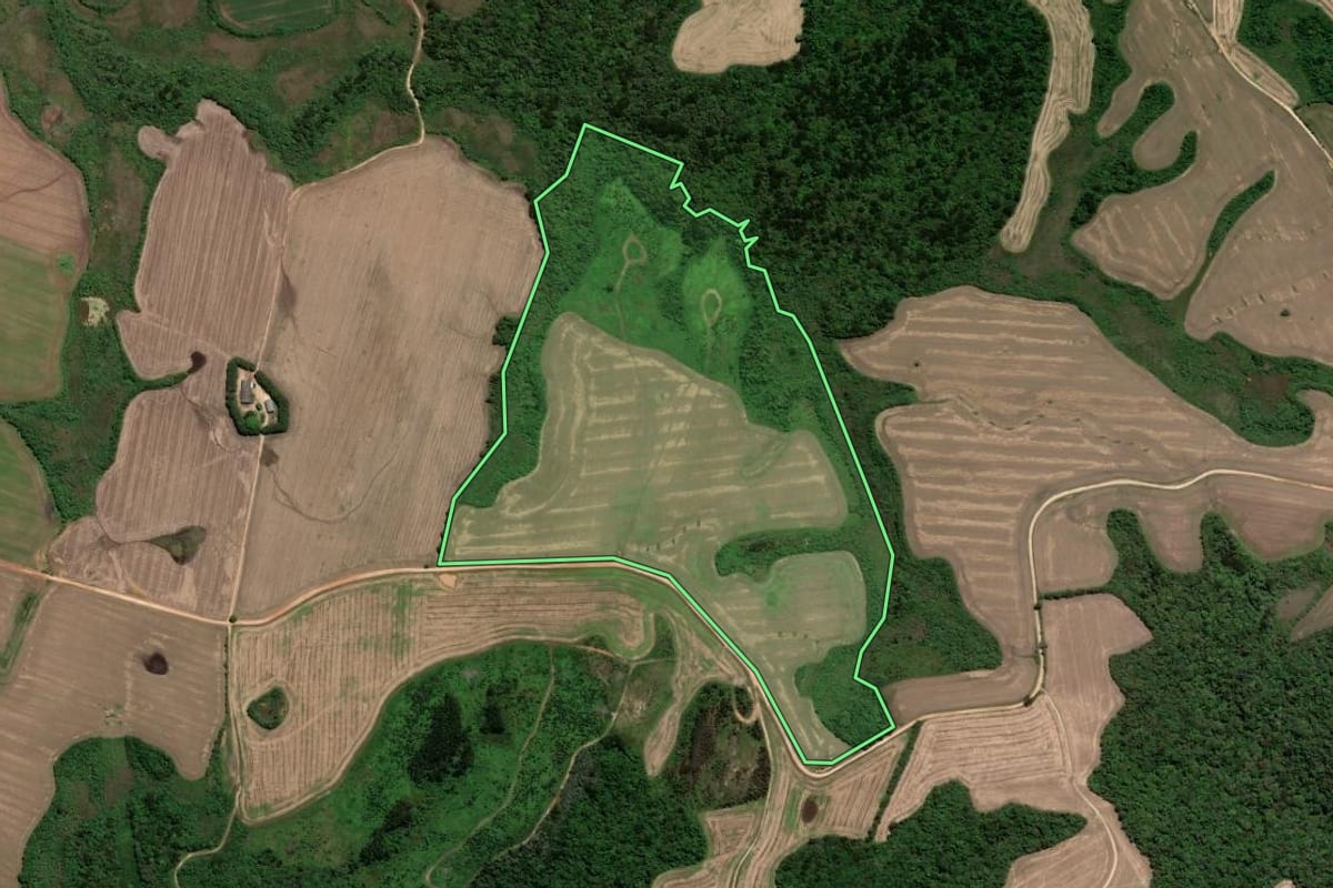 Imagem de satélite do imóvel rural em Castro (PR), com o contorno declarado no CAR desenhado por cima.