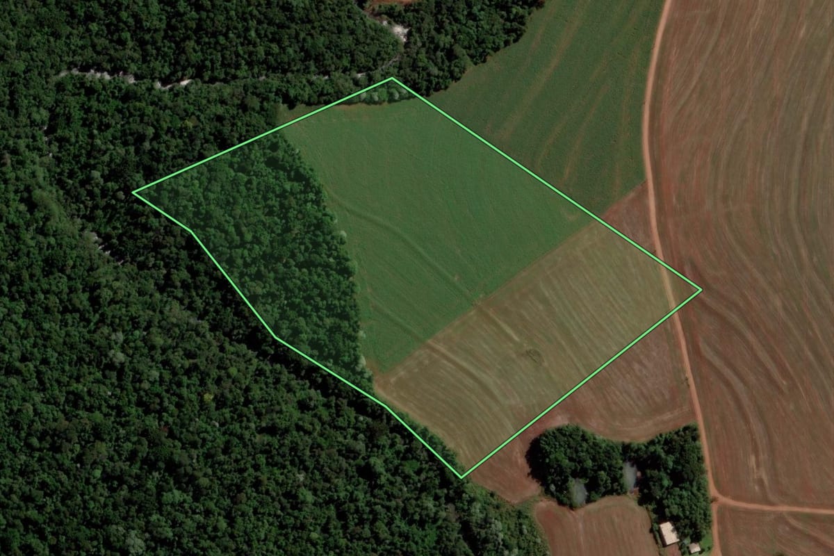 Imagem de satélite do imóvel rural em Catanduvas (PR), com o contorno declarado no CAR desenhado por cima.