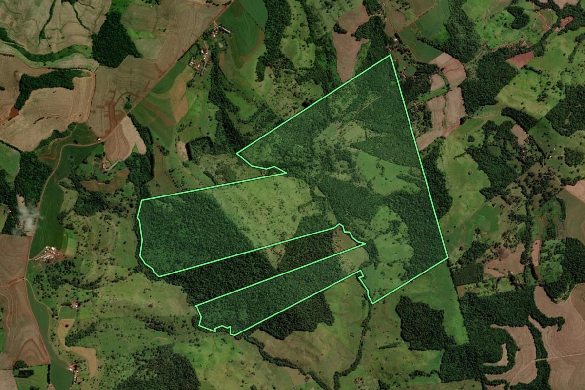 Imagem de satélite do imóvel rural em Catanduvas (PR), com o contorno declarado no CAR desenhado por cima.
