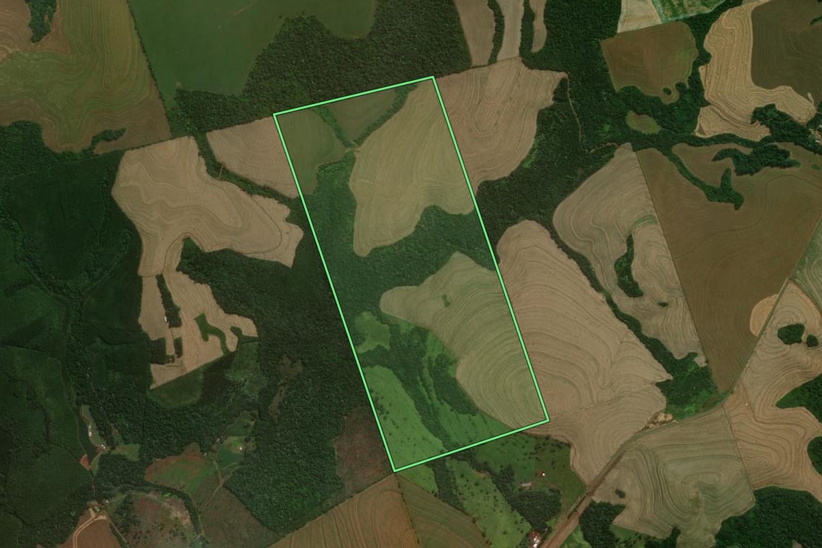 Imagem de satélite do imóvel rural em Catanduvas (PR), com o contorno declarado no CAR desenhado por cima.
