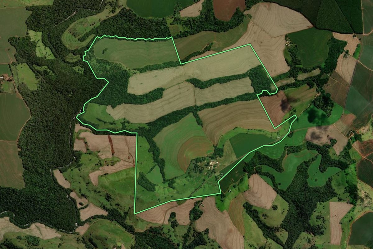Imagem de satélite do imóvel rural em Catanduvas (PR), com o contorno declarado no CAR desenhado por cima.